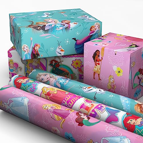 Hallmark Disney Princess and Frozen Wrapping Paper with Cutlines on Reverse (3 Rolls: 60 Square Feet Total) for Birthdays, Christmas, Valentine's Day