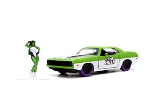marvel 1:32 1973 plymouth barracuda die-cast car & 1.65" she-hulk figure, toys for kids and adults