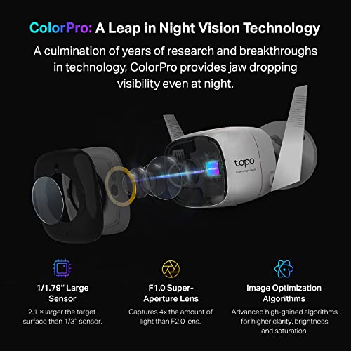 TP-Link ColorPro Wi-Fi Outdoor Camera | Plug-in | Daylight Clarity at Night | 2K QHD | Person/Pet/Vehicle Detection | Local/Cloud Storage | 127° FOV | Built-in Siren | Works w/Alexa & Google Home