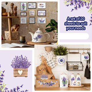 Honoson 20 Sheets Lavender Iron on Transfers for Crafts Flower Heat Transfer Stickers Vintage Purple Floral Iron on Decals Patches Lavender Iron on Sticker for Home Furniture DIY Paper Wood (Lavender)