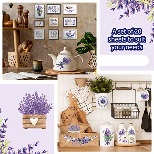 Honoson 20 Sheets Lavender Iron on Transfers for Crafts Flower Heat Transfer Stickers Vintage Purple Floral Iron on Decals Patches Lavender Iron on Sticker for Home Furniture DIY Paper Wood (Lavender)