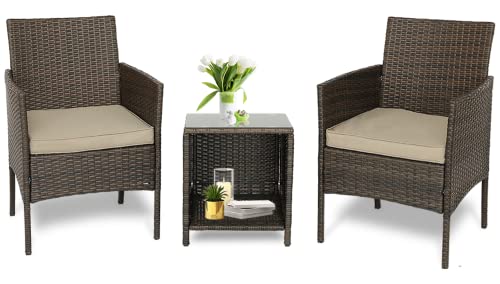 Furnimy 3 Pieces Outdoor Furniture Wicker Patio Set Bistro Set Outdoor Conversation Set PE Rattan Patio Dining Set for Porch Balcony Yard (Mix Brown-Gray)