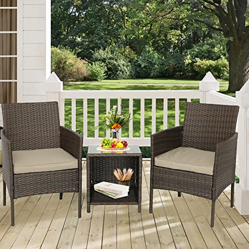 Furnimy 3 Pieces Outdoor Furniture Wicker Patio Set Bistro Set Outdoor Conversation Set PE Rattan Patio Dining Set for Porch Balcony Yard (Mix Brown-Gray)