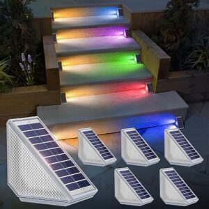 niorsun solar step lights, 8 solid colors and 2 rgb color changing modes solar stair lights outdoor waterproof led, upgraded trapezoidal deck lights for porch decor patio garden yard outside(6 pack)
