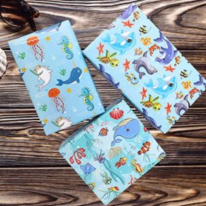 BOLIANNE Ocean Wrapping Paper - Birthday Wrapping Paper for Boys Girls Kids with Cute Whales Dolphins Fishes, 6 Large Sheets Sea Blue Gift Wrap for Baby Shower, Folded Flat, 27 X 37 Inch