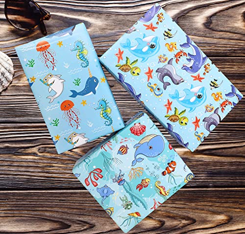 BOLIANNE Ocean Wrapping Paper - Birthday Wrapping Paper for Boys Girls Kids with Cute Whales Dolphins Fishes, 6 Large Sheets Sea Blue Gift Wrap for Baby Shower, Folded Flat, 27 X 37 Inch