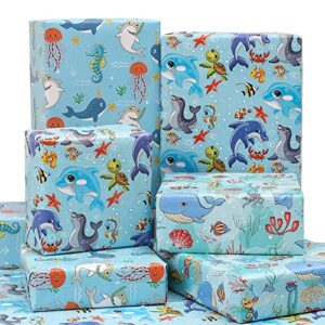 bolianne ocean wrapping paper - birthday wrapping paper for boys girls kids with cute whales dolphins fishes, 6 large sheets sea blue gift wrap for baby shower, folded flat, 27 x 37 inch