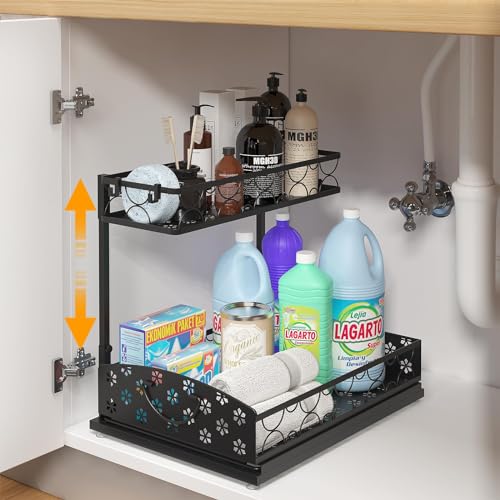 MHHA Under Sink Organizer,Adjustable Height Metal Under Kitchen Cabinet Organizer,2-Tier Sliding Shelf Storage,Multi-Use for Under Kitchen Bathroom Sink Organizers and Storage，Black