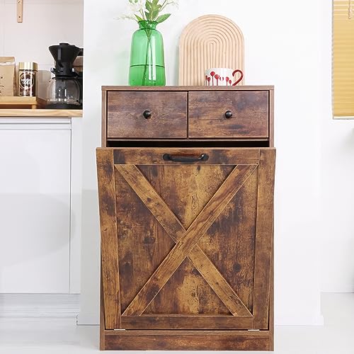 Walmokid Tilt Out Trash Cabinet Wooden Kitchen Trash Can Cabinet Dog Proof Trash Can Holder Kitchen Island with Garbage Bin or Tilt Out Laundry Hamper 10 Gallon