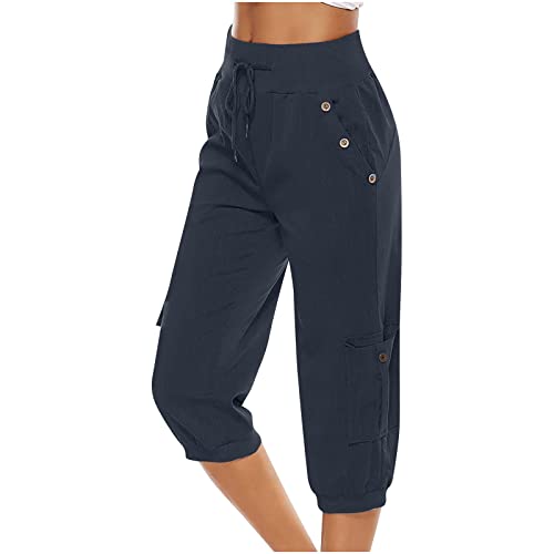 SMIDOW Linen Pants Women Capri Pants for Women Dressy Casual Drawstring Elastic High Waist Cotton Linen Trousers Active Running Sweatpants