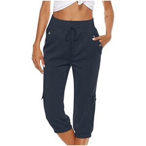 SMIDOW Linen Pants Women Capri Pants for Women Dressy Casual Drawstring Elastic High Waist Cotton Linen Trousers Active Running Sweatpants