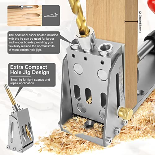 Pocket Hole Jig Kit, Stable Pocket Screw Jig, Precise 15° Pocket Hole Dowel Drill Guide Drill Jig for Angled Holes, Joint Angle Tool Carpentry Locator, Hole Screw Clamp System for Woodworking