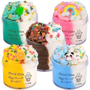 cloud slime kit 5 pack, with ice cream, lemon, rainbow, panda, mint leaf cute charms, soft and mild, stress relief slimes toy for kids, slime party favor for girls and boys