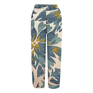 SMIDOW Pants for Women Womens Boho Floral Print Linen Pants Casual Loose Drawstring High Waist Cropped Capris Straight Leg Lounge Trousers