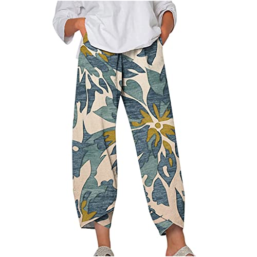 SMIDOW Pants for Women Womens Boho Floral Print Linen Pants Casual Loose Drawstring High Waist Cropped Capris Straight Leg Lounge Trousers