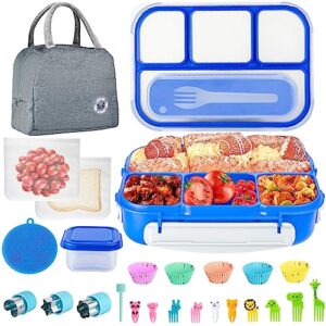52pcs bento box lunch box kit, 1300ml lunch container for kids/adults/school, durable leak-proof box 4 compartments with lunch bag,spoon,fork,accessories,for dishwasher refrigerator microwave(blue)