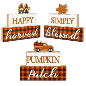 fall thanksgiving decorations for home, 3 pcs buffalo plaid fall table decor wooden fall signs - harvest blessed pumpkin patch, farmhouse fall thanksgiving decor for tabletop centerpieces mantle shelf
