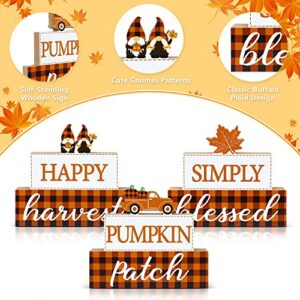 Fall Thanksgiving Decorations for Home, 3 PCS Buffalo Plaid Fall Table Decor Wooden Fall Signs - Harvest Blessed Pumpkin Patch, Farmhouse Fall Thanksgiving Decor for Tabletop Centerpieces Mantle Shelf