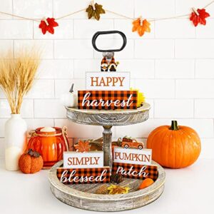 Fall Thanksgiving Decorations for Home, 3 PCS Buffalo Plaid Fall Table Decor Wooden Fall Signs - Harvest Blessed Pumpkin Patch, Farmhouse Fall Thanksgiving Decor for Tabletop Centerpieces Mantle Shelf