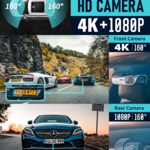 Dash Cam Front and Rear, 4K / 1080P HD Dual Dash Camera for Cars with Free 64GB TF Card, 5GHz WiFi, Super Night Vision, Supercapacitor, 160° Wide Angle, 24H Parking Mode, App Control, Type C Port