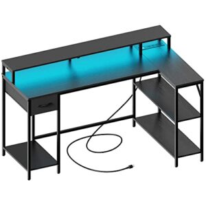 superjare 53 inch l shaped desk with led lights & power outlets, reversible computer desk with shelves & drawer, corner desk home office desk, black