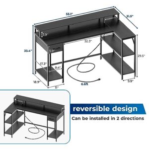 SUPERJARE 53 Inch L Shaped Desk with LED Lights & Power Outlets, Reversible Computer Desk with Shelves & Drawer, Corner Desk Home Office Desk, Black