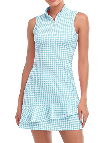 Viracy Tennis Dress for Women Golf Outfits Sleeveless Stand Collar Short Dresses with Pockets Zip Up Moisture Wicking for Workout Athletic Blue Houndstooth-M