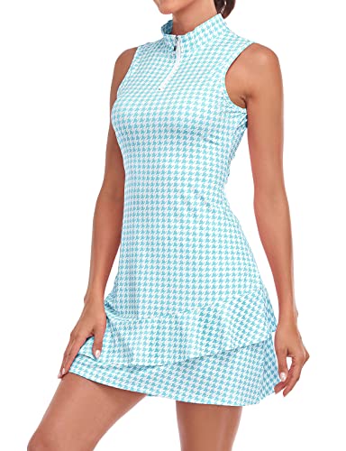 Viracy Tennis Dress for Women Golf Outfits Sleeveless Stand Collar Short Dresses with Pockets Zip Up Moisture Wicking for Workout Athletic Blue Houndstooth-M