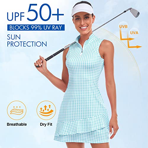 Viracy Tennis Dress for Women Golf Outfits Sleeveless Stand Collar Short Dresses with Pockets Zip Up Moisture Wicking for Workout Athletic Blue Houndstooth-M