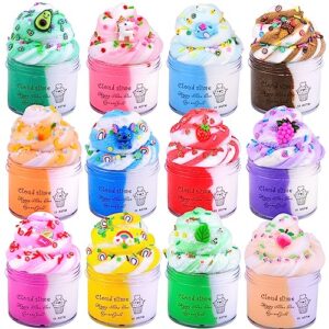 12 pack cloud slime kit, diy stress relief toy cake slime with cute slime charms, kids party favors slime putty toys gift