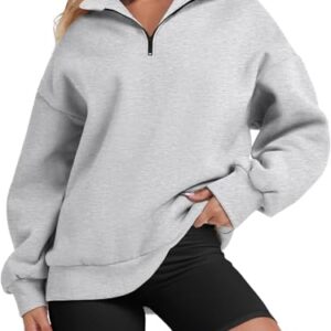 ATHMILE Womens Oversized Half Zip Pullover Long Sleeve Sweatshirt Quarter Zip Hoodie Sweater Teen Girls Fall Y2K Clothes Grey