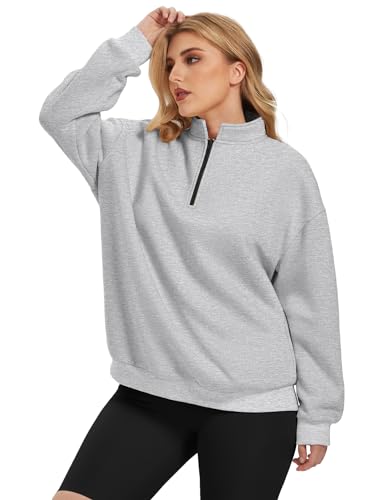 ATHMILE Womens Oversized Half Zip Pullover Long Sleeve Sweatshirt Quarter Zip Hoodie Sweater Teen Girls Fall Y2K Clothes Grey