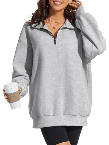 ATHMILE Womens Oversized Half Zip Pullover Long Sleeve Sweatshirt Quarter Zip Hoodie Sweater Teen Girls Fall Y2K Clothes Grey