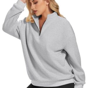 ATHMILE Womens Oversized Half Zip Pullover Long Sleeve Sweatshirt Quarter Zip Hoodie Sweater Teen Girls Fall Y2K Clothes Grey