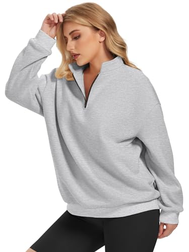 ATHMILE Womens Oversized Half Zip Pullover Long Sleeve Sweatshirt Quarter Zip Hoodie Sweater Teen Girls Fall Y2K Clothes Grey