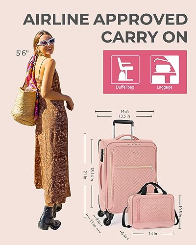 BAGSMART Carry On Luggage 20 Inch, Expandable Suitcase, 2 Piece Luggage Sets Luggage Airline Approved Rolling Softside Lightweight Suitcases with Front Pocket for Women Men, Carry-On Pink