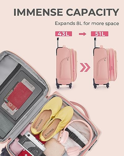 BAGSMART Carry On Luggage 20 Inch, Expandable Suitcase, 2 Piece Luggage Sets Luggage Airline Approved Rolling Softside Lightweight Suitcases with Front Pocket for Women Men, Carry-On Pink