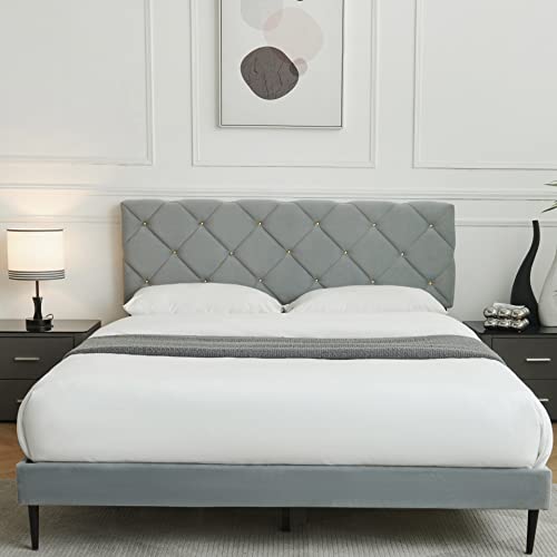 AsKmore Queen Size Bed Frame,Velvet Upholstered Platform with Headboard and Strong Wooden Slats,Non-Slip and Noise-Free,No Box Spring Needed, Easy Assembly,Light Grey