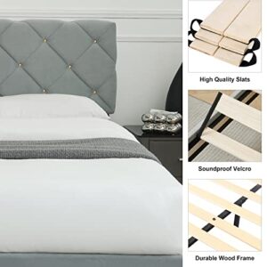 AsKmore Queen Size Bed Frame,Velvet Upholstered Platform with Headboard and Strong Wooden Slats,Non-Slip and Noise-Free,No Box Spring Needed, Easy Assembly,Light Grey