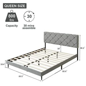 AsKmore Queen Size Bed Frame,Velvet Upholstered Platform with Headboard and Strong Wooden Slats,Non-Slip and Noise-Free,No Box Spring Needed, Easy Assembly,Light Grey