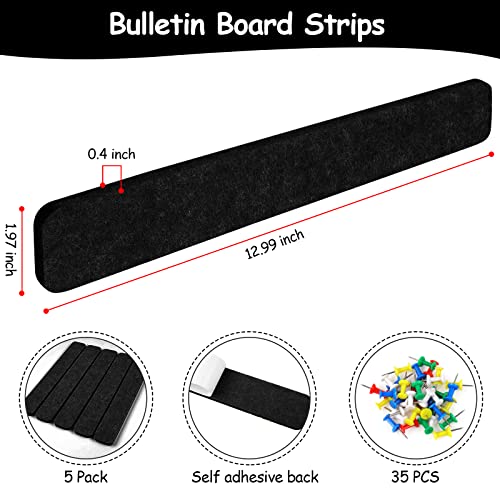5PCS Felt Pin Board Bar Strips, COIDEA Bulletin Board Strips with 35 Pushpins for Office School Home Wall Decor, Self-Adhesive Felt Cork Board Strips for Paste Notes, Schedules, Photos