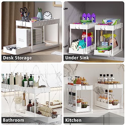 ArtZON Under Sink Organizers and Storage, 2-Tier Sliding Cabinet Basket Organizer with Hooks, Multi-Purpose Under Sink Organizers and Storage for Bathroom Kitchen (White 2 Pack)