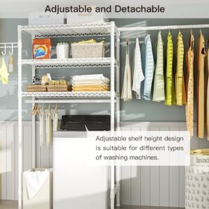 Ulif U4 Over Washer and Dryer Storage Shelf, 2 Rows Laundry Room Space Saver with Mounted on The Wall Expandable Hanger Rod, Suit Space from 4.9-6.3 ft. Width, 13.4" Depth, 79.3" Height, White