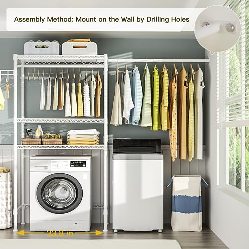 Ulif U4 Over Washer and Dryer Storage Shelf, 2 Rows Laundry Room Space Saver with Mounted on The Wall Expandable Hanger Rod, Suit Space from 4.9-6.3 ft. Width, 13.4" Depth, 79.3" Height, White