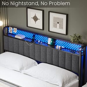 BTHFST King Size Bed Frame with LED Light Headboard, USB Ports & Outlets, Upholstered King Platform Bed Frame with Channel Tufting Design, Upgraded 2-Row Mid-Beams, Dark Grey
