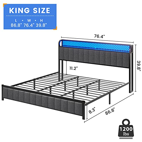 BTHFST King Size Bed Frame with LED Light Headboard, USB Ports & Outlets, Upholstered King Platform Bed Frame with Channel Tufting Design, Upgraded 2-Row Mid-Beams, Dark Grey