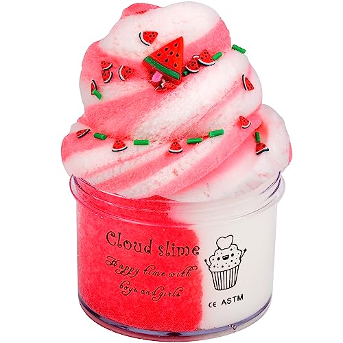 Cloud Slime for Girls Boys,with Red Watermelon Slime Charms,Super Soft and Non Sticky Slime,Scented Slime Party Favors,Stress Relief Toy for Kids Education,Birthday Gift(8 OZ 200ML)