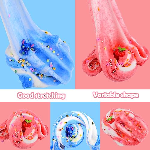 2 Pack Cloud Slime Kit with Blue and Cherry Charms, Scented DIY Slime Supplies for Girls and Boys, Party Favors Stress Relief Slime Toys for Kids Education Birthday Gift.