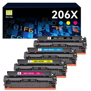 206x toner cartridges 4 pack high yield (with chip) replacement for hp 206x 206a w2110x w2110a compatible with hp color pro mfp m283fdw m283cdw m283 pro m255dw m255 printer (black cyan yellow magenta)
