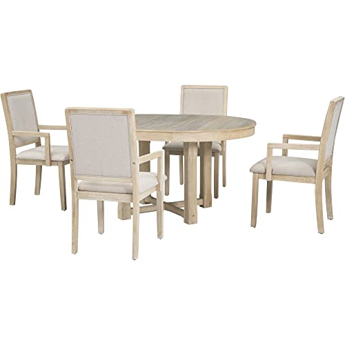 Merax 5-Piece Furniture Set, Round to Oval Extendable Butterfly Leaf Wood Dining Table and 4 Upholstered Chairs with Armrests, 5pcs, Natural